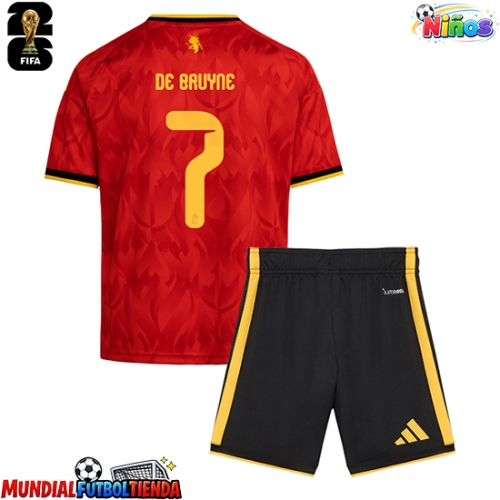 Camiseta Bélgica Kevin De Bruyne #7 Primera Equipación Replica Mundial 2026 para niños mangas cortas (+ Pantalones cortos)